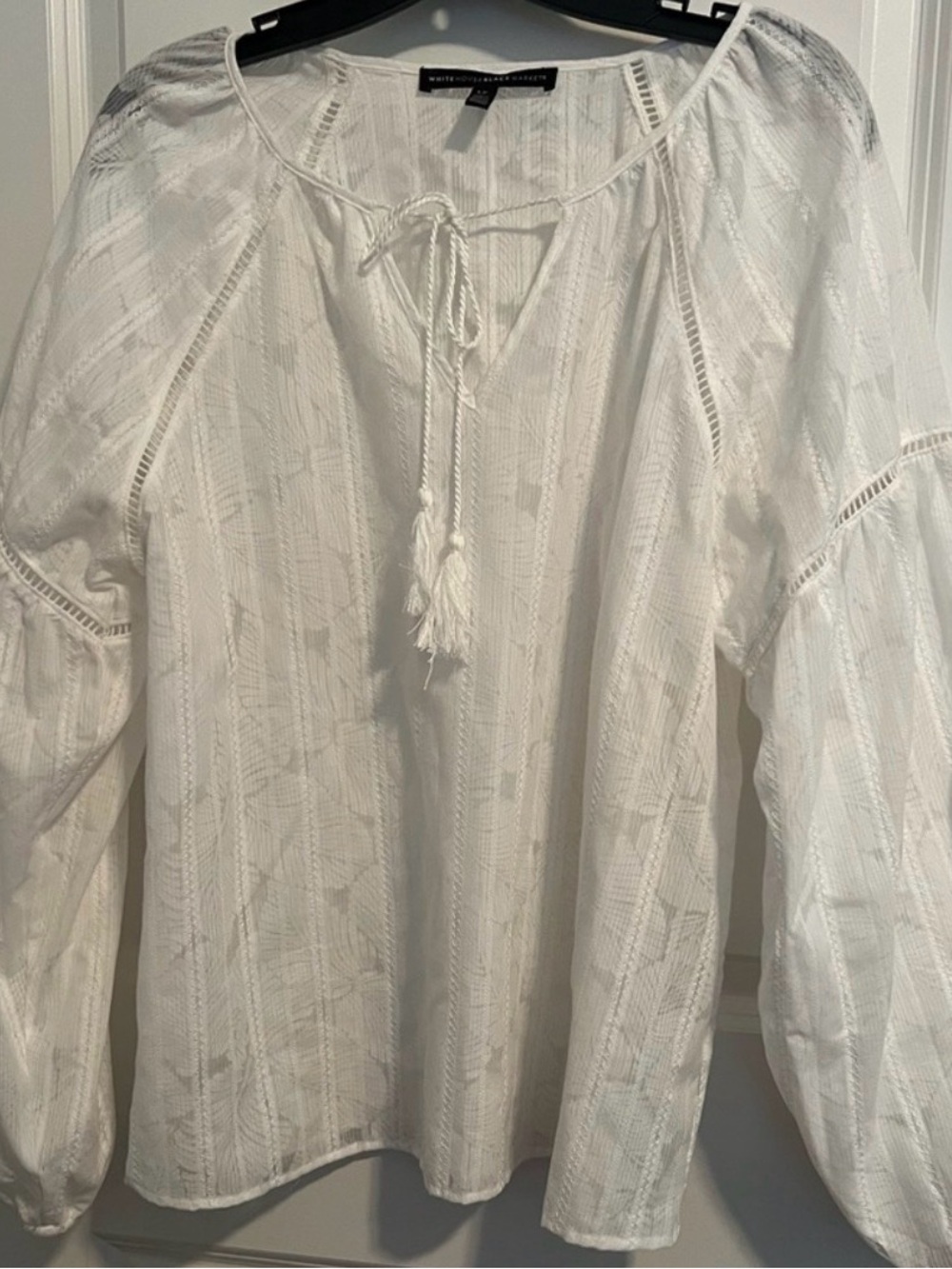White House Black Market White Textured Peasant Blouse with Tassel Tie